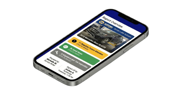 Digital vehicle inspection report on smartphone showing color-coded results